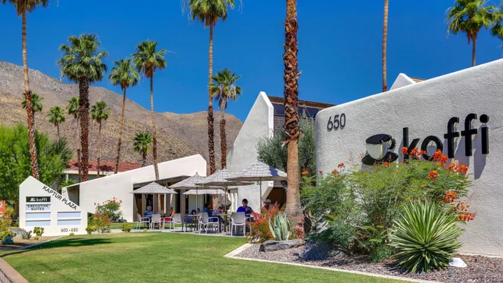 Koffi's Palm Springs Central café and patio beneath the San Jacinto Mountains