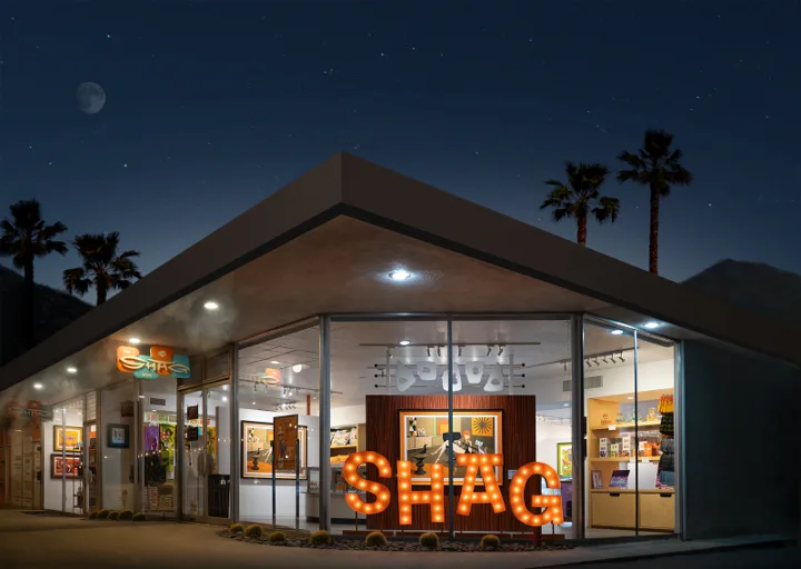 The Shag Store illuminated at night in Palm Springs