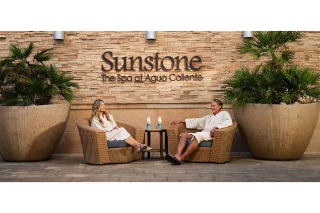 Guests relaxing outside Sunstone Spa at Agua Caliente Rancho Mirage